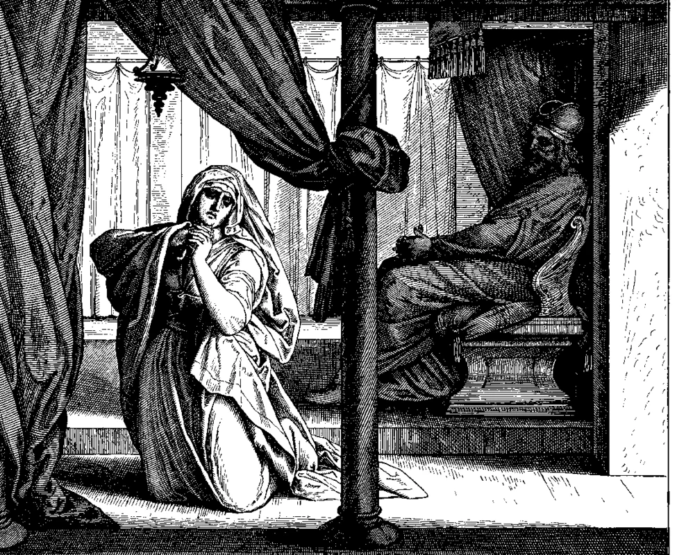 Ana ora en silencio ante el sacerdote Elí